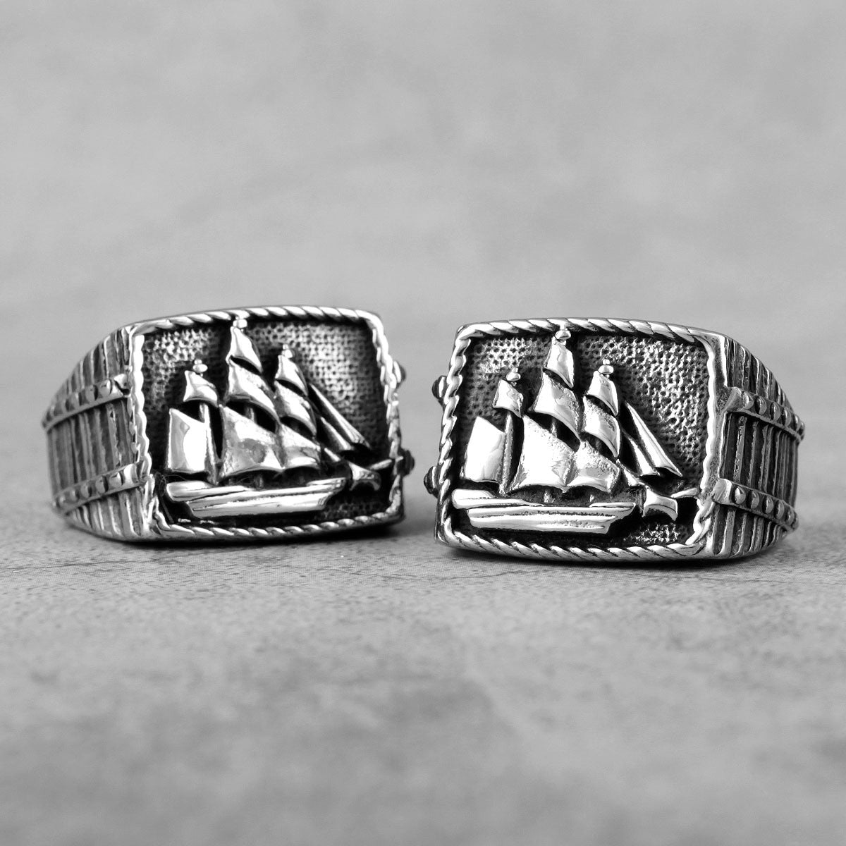 Mens 316L Stainless Steel Smooth Sailing Good Luck Ship Motif Rings