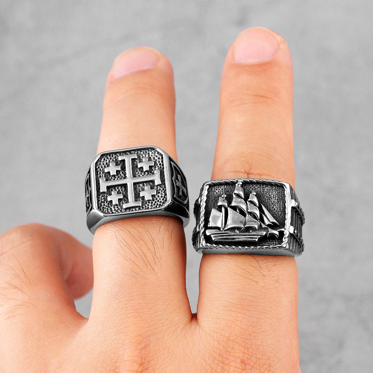 Mens 316L Stainless Steel Smooth Sailing Good Luck Ship Motif Rings