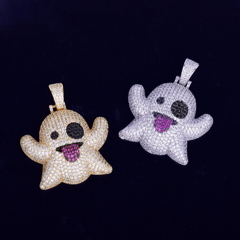 AAA Micro Pave SnapChat Ghost Emoji 18k Gold .925 Silver Hip Hop Chain Neckalce 