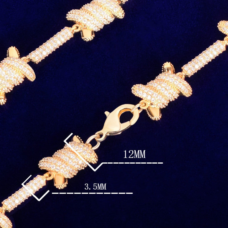 24k Gold .925 Silver AAA True Micro Pave 12mm Barbed Wire Style Hip Hop Chain Necklace
