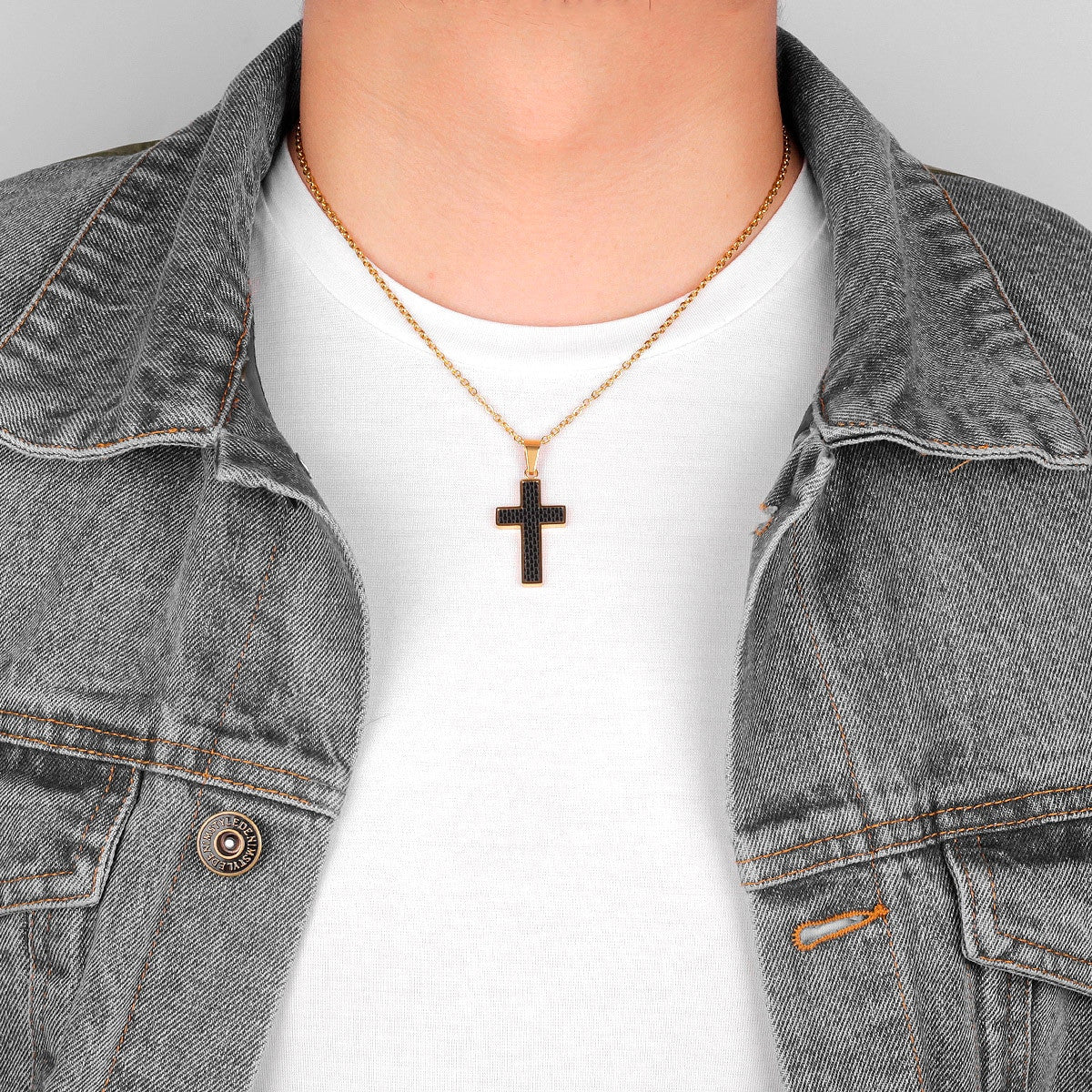 Mens No Fade Stainless Steel Carbon Fiber Black Gold 14k Cross Pendant Chain Necklace