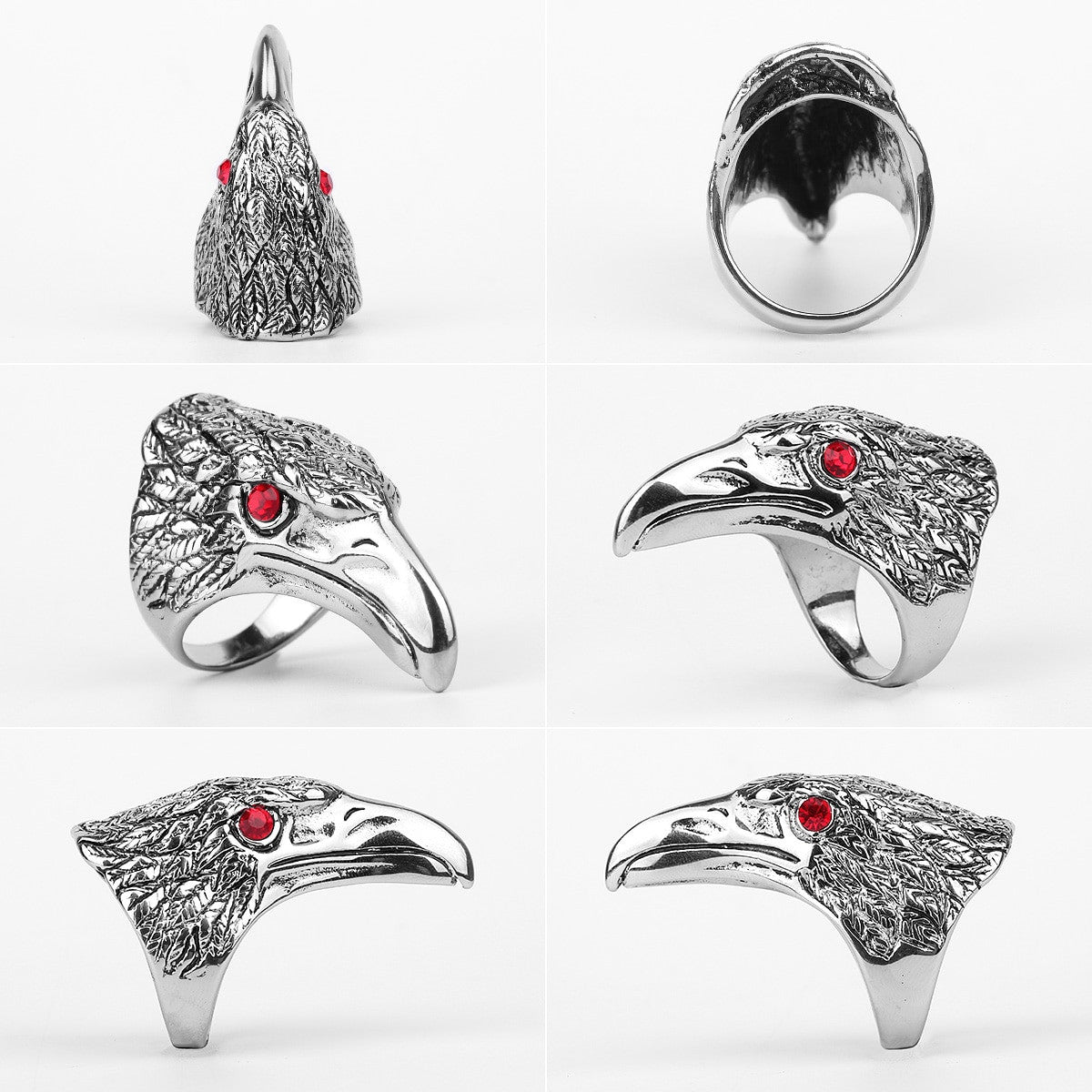 Mens No Fade Stainless Steel Hip Hop Rock Condor Bird Head Gemstone Eye Rings