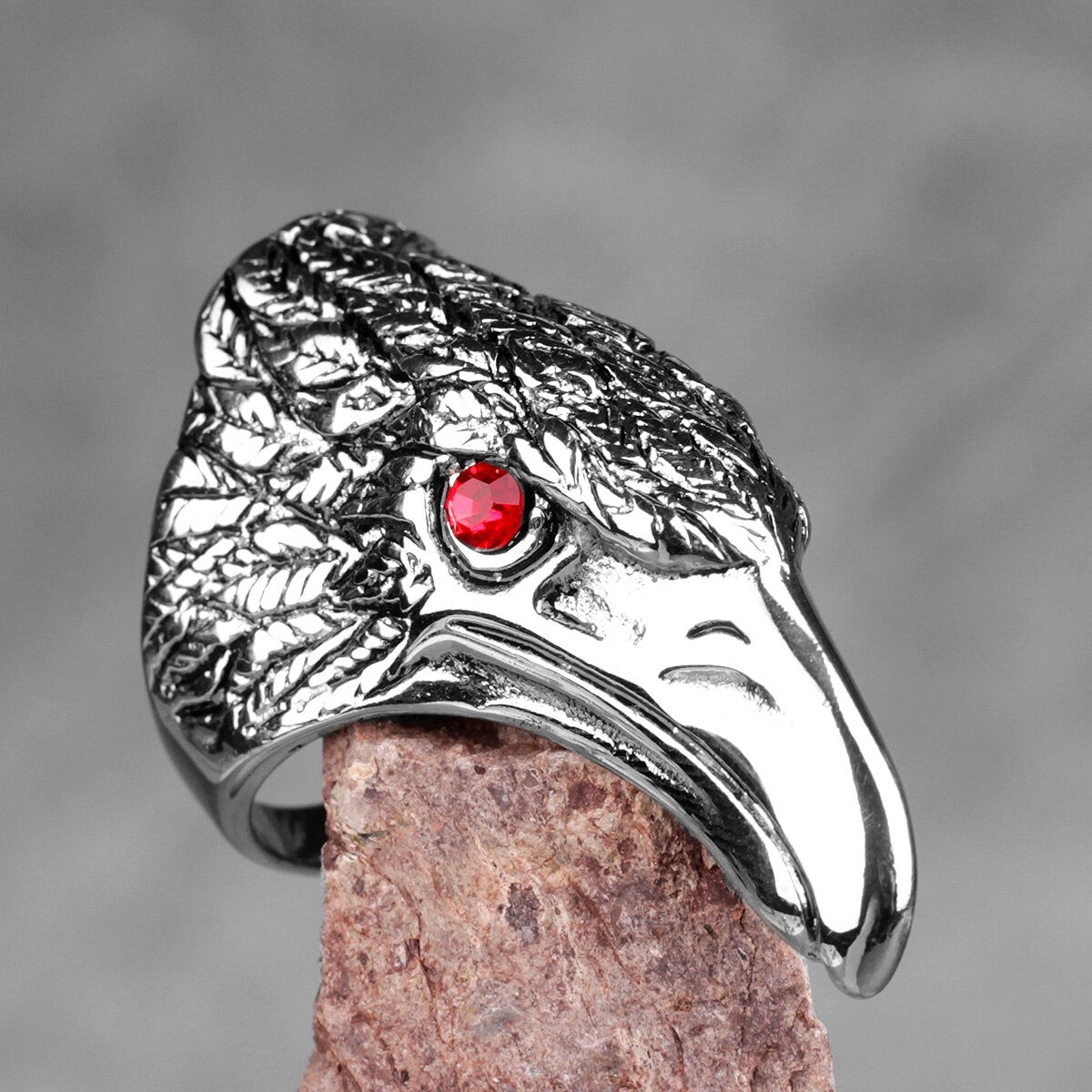 Mens No Fade Stainless Steel Hip Hop Rock Condor Bird Head Gemstone Eye Rings