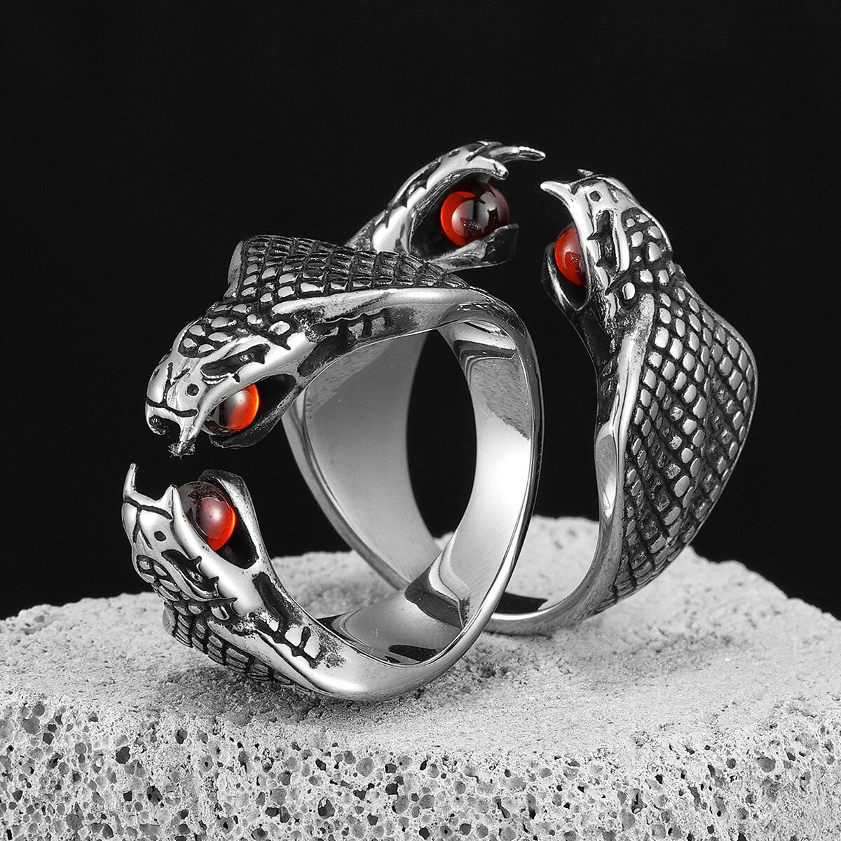 Mens No Fade Open Mouth Double Cobra Fang Stainless Steel Streetwear Rings