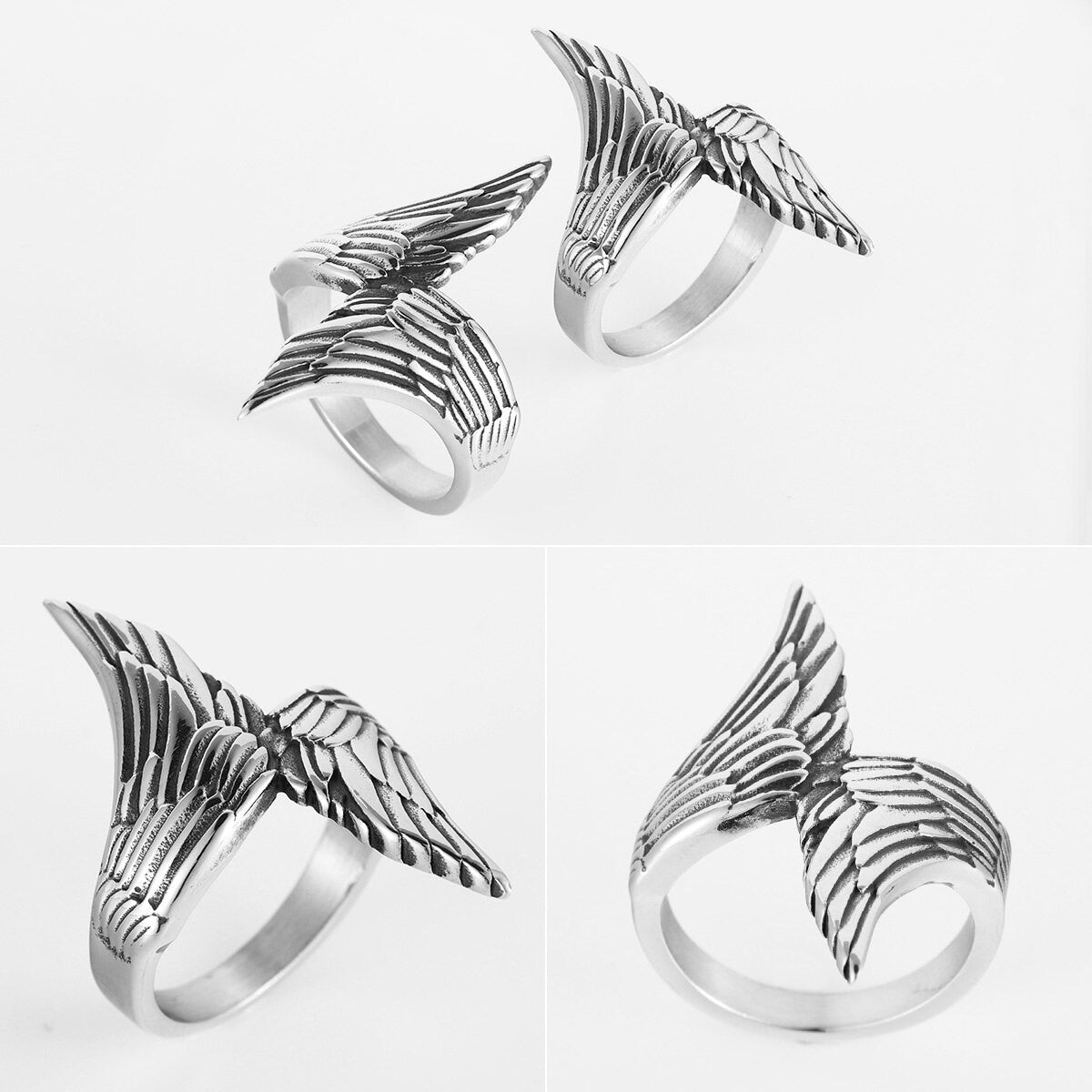 Mens No Fade Eccentric Creative Angel Wings Stainless Steel Street Wear Rings