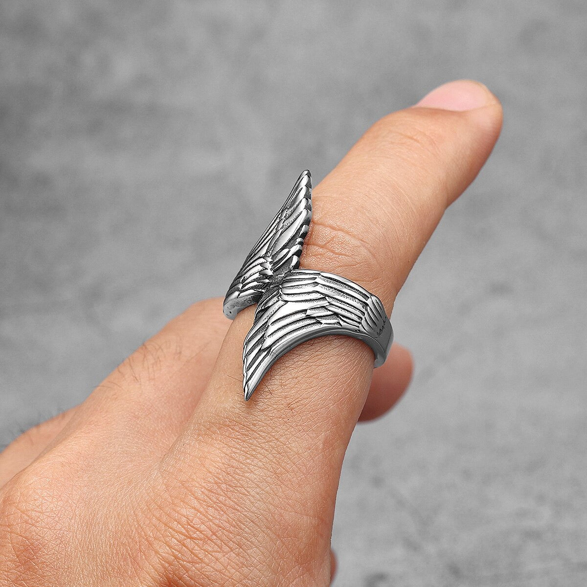Mens No Fade Eccentric Creative Angel Wings Stainless Steel Street Wear Rings