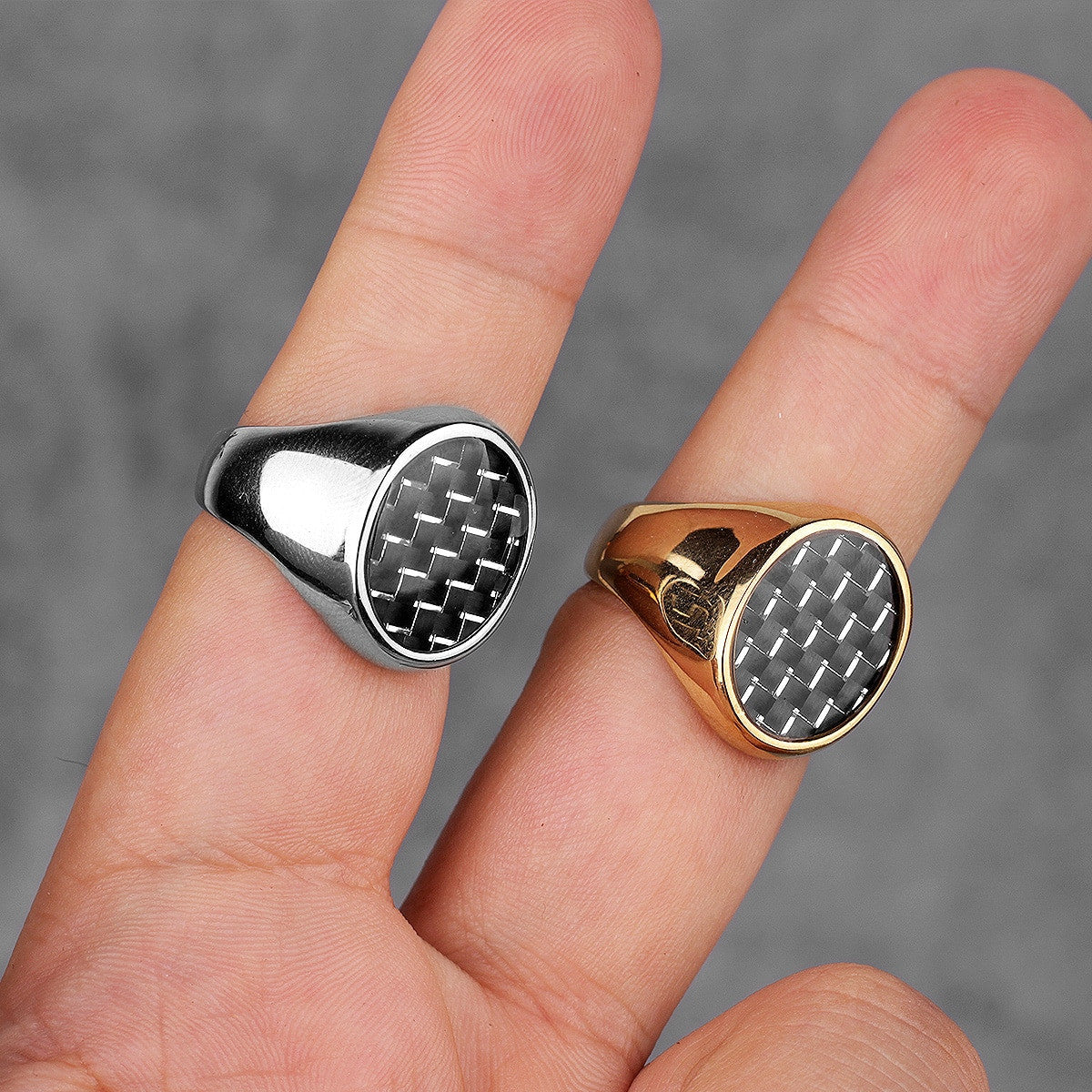 Carbon Fiber | Mens 14k Gold Over 316L No Fade Stainless Steel Hip Hop Rings