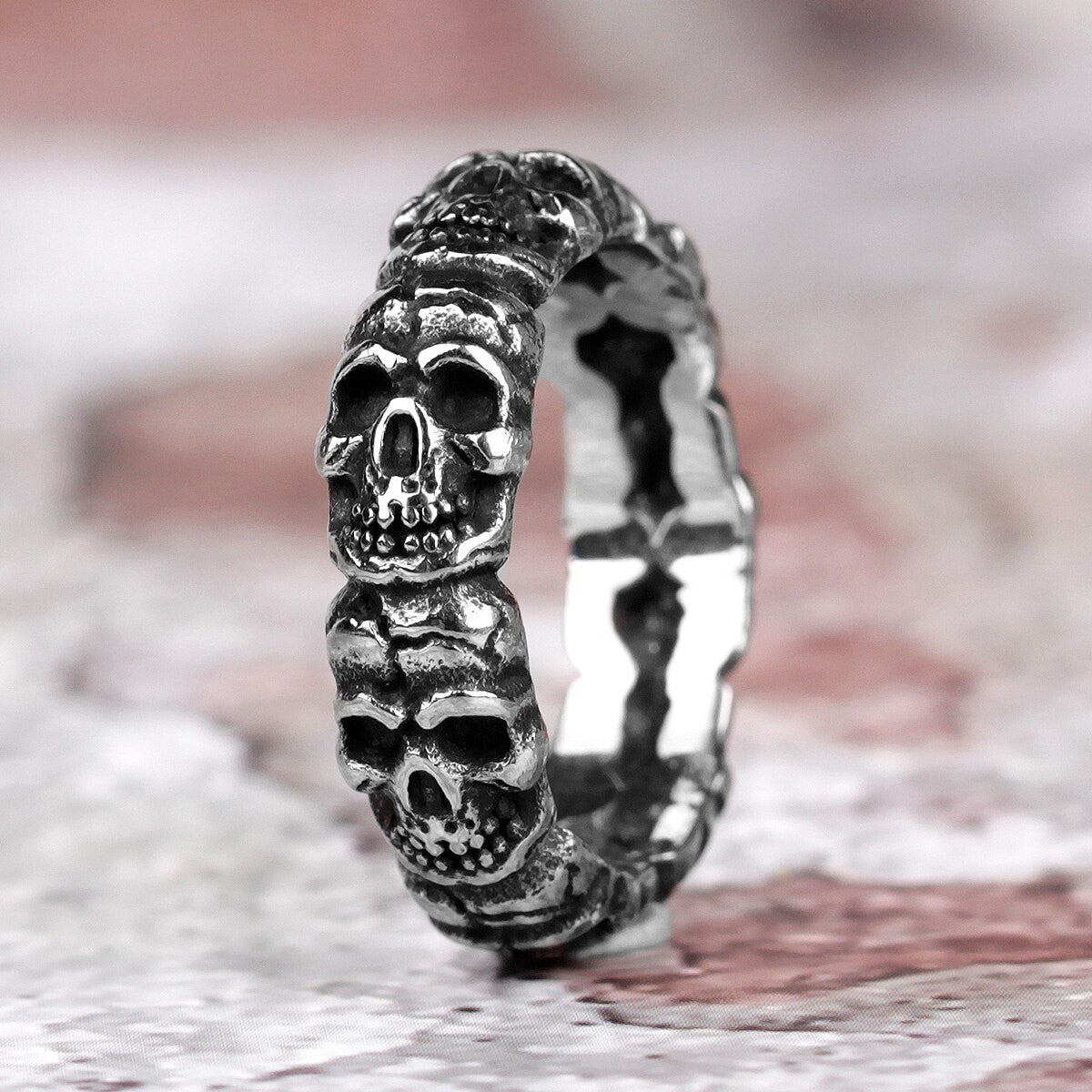 Mens 316L No Fade Solid Stainless Steel All Skull Link Street Rock Rings
