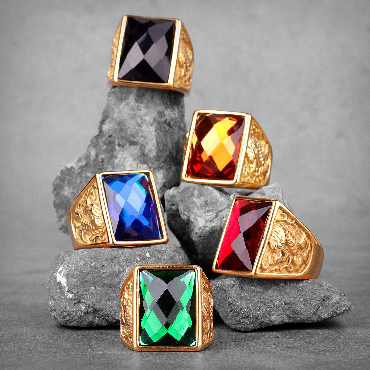Mens Gemstone Phoenix Dragon No Fade 14k Gold Over Stainless Steel Str ...
