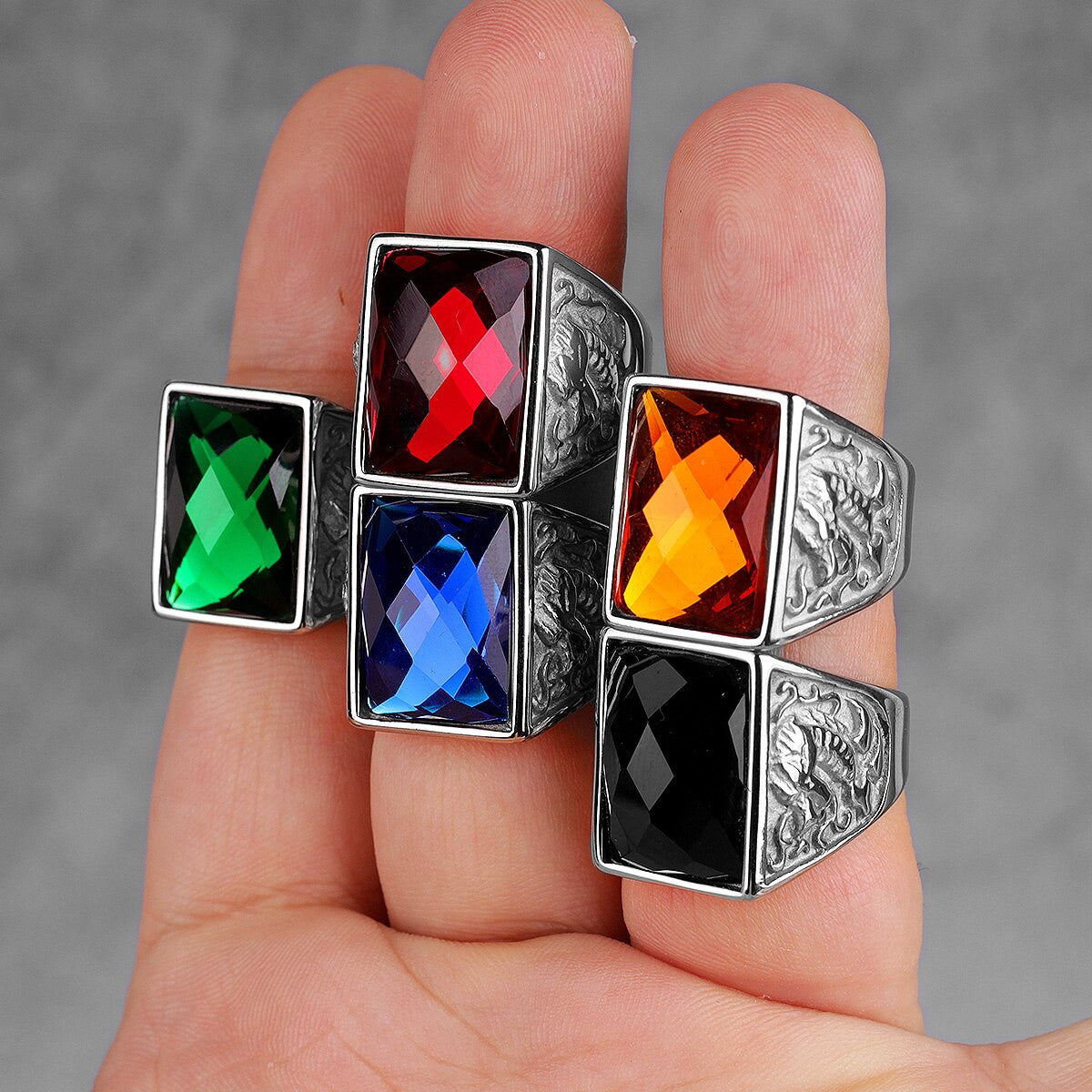Mens Gemstone Phoenix Dragon No Fade 14k Gold Over Stainless Steel Street Wear Bling Rings