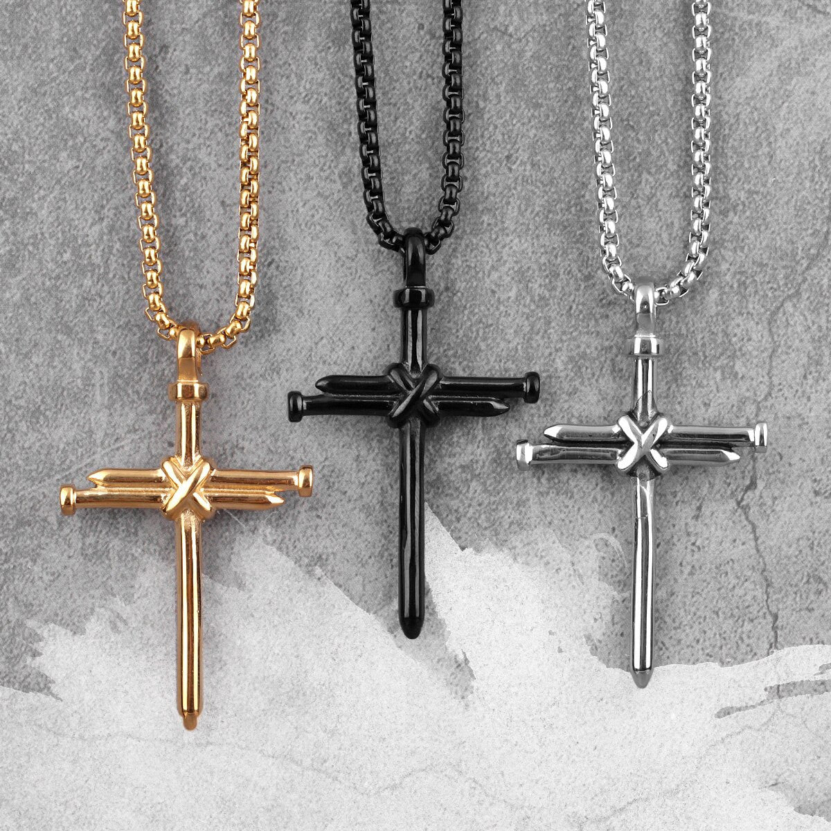 316L No Fade Stainless Steel 14k Gold Black Rugged Jesus Nail Cross Pendant