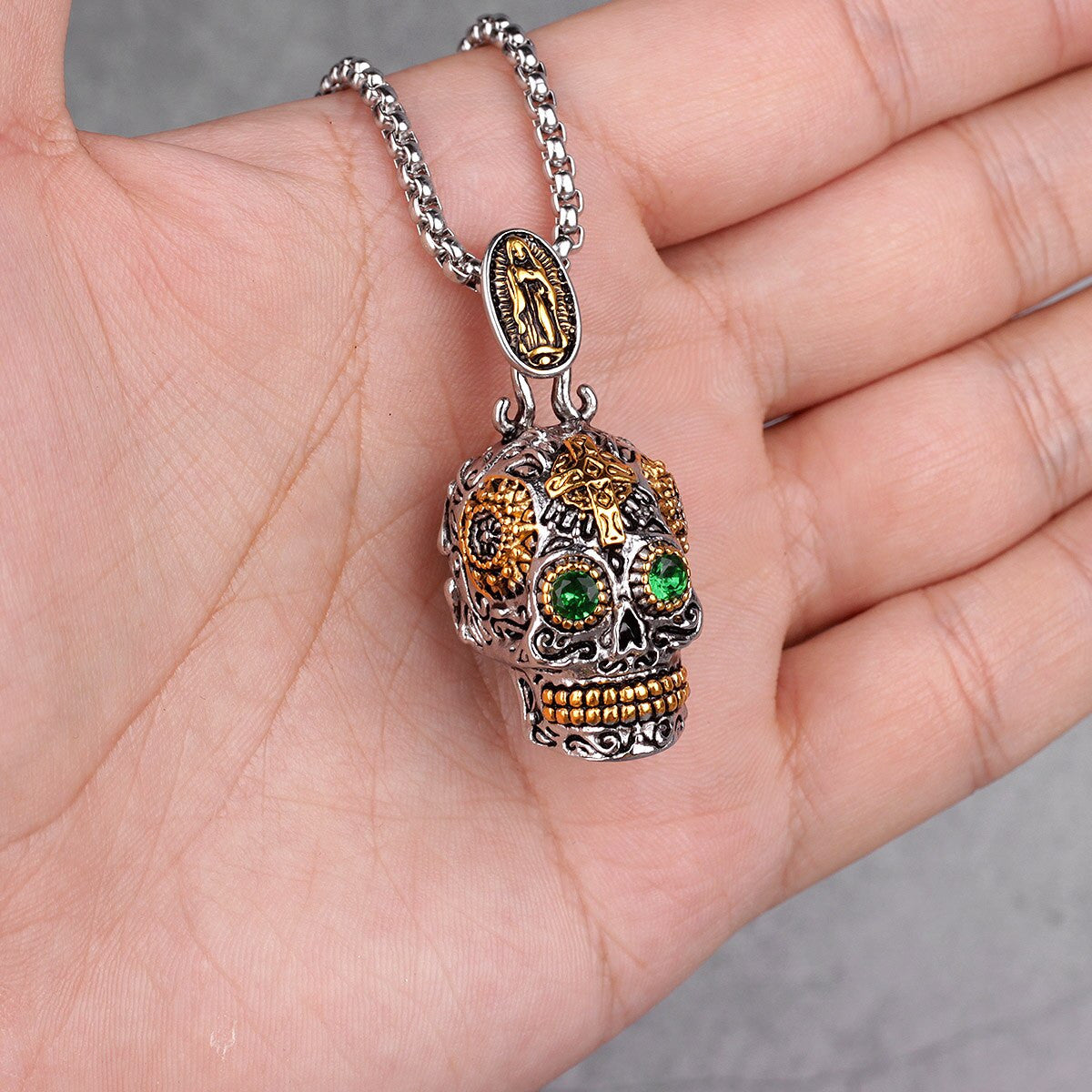 No Fade Silver Gold Accents Stainless Steel Aztec Skull Cross Pendant Chain Necklace