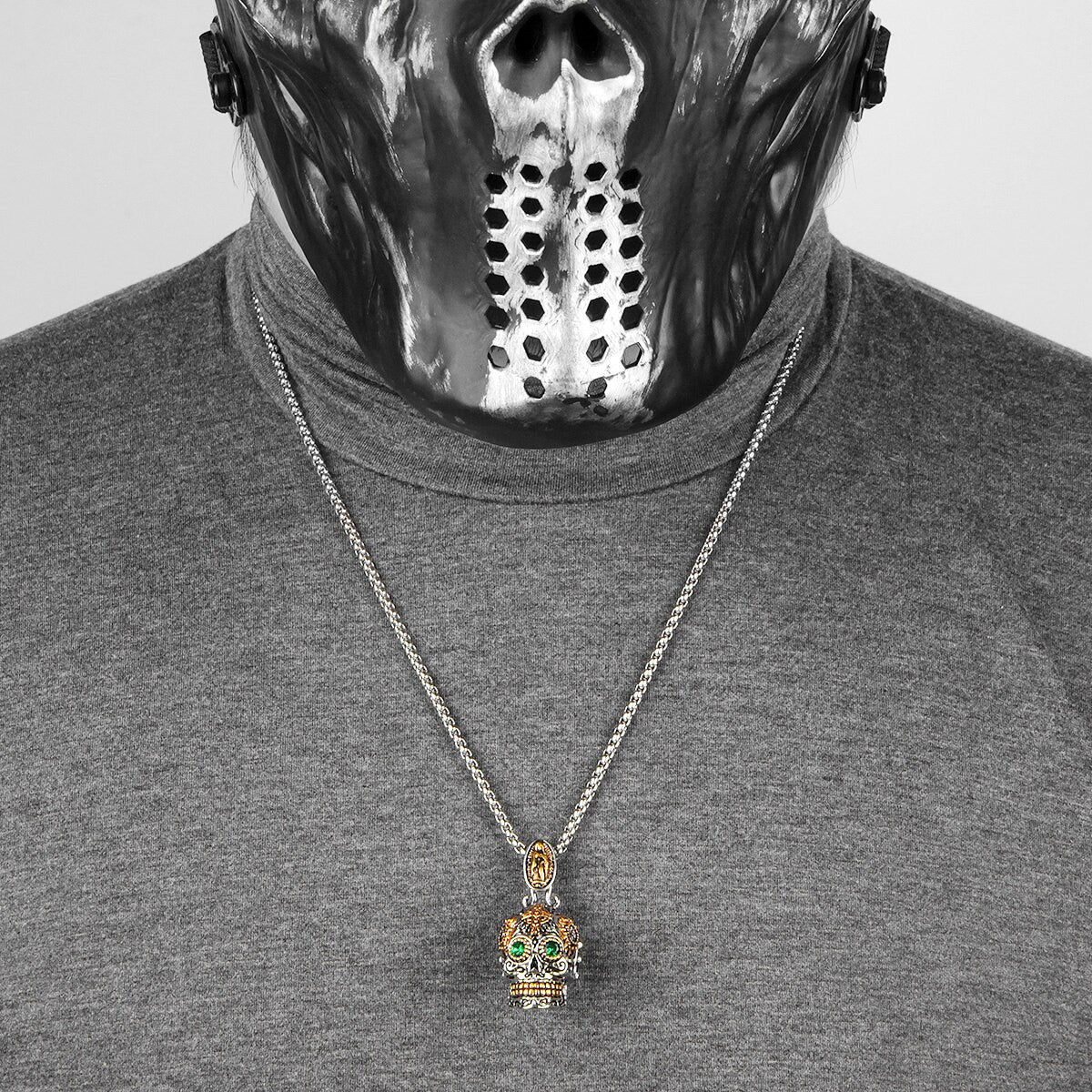 No Fade Silver Gold Accents Stainless Steel Aztec Skull Cross Pendant Chain Necklace