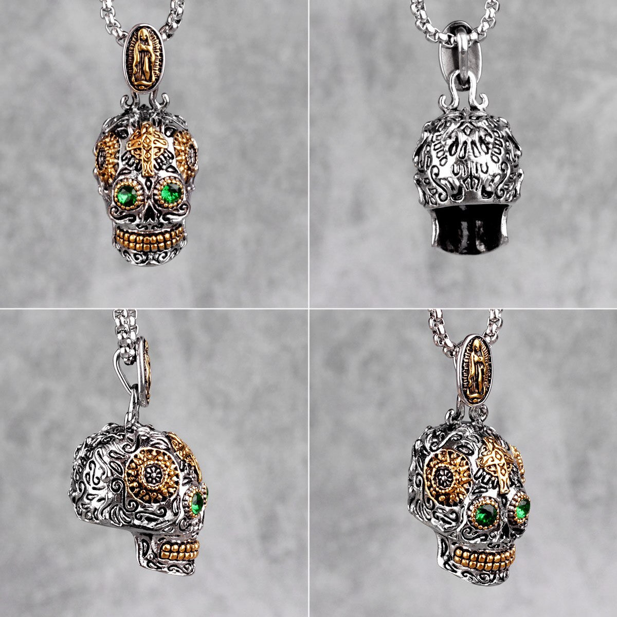 No Fade Silver Gold Accents Stainless Steel Aztec Skull Cross Pendant Chain Necklace