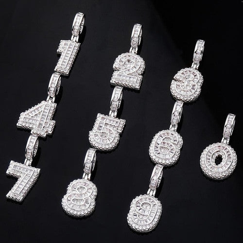 Iced Baguette AAA Prong Set Cluster Digital Numbers Hip Hop Pendants