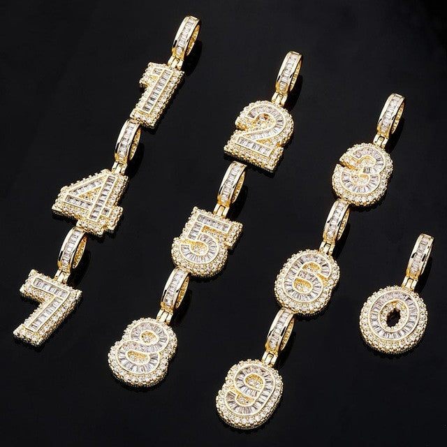 Iced Baguette AAA Prong Set Cluster Digital Numbers Hip Hop Pendants