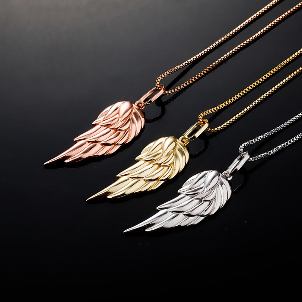 Ladies Single Angel Wing Solid 925 Sterling over over Yellow Rose Gold Bling Pendant Necklace