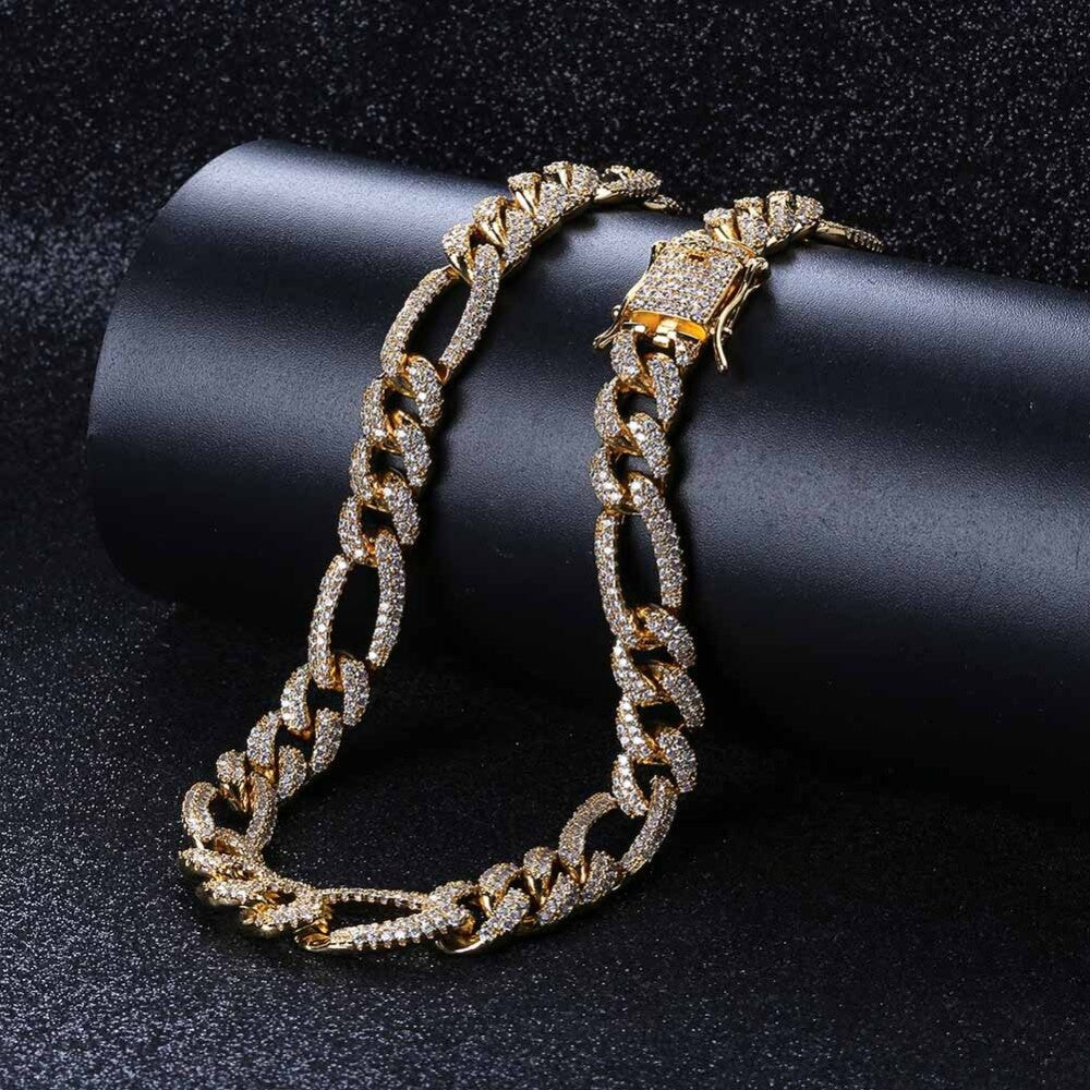Mens 18k Hip Hop Classic 10mm Flooded Ice Luxury Figaro Link Bling Chain Necklace