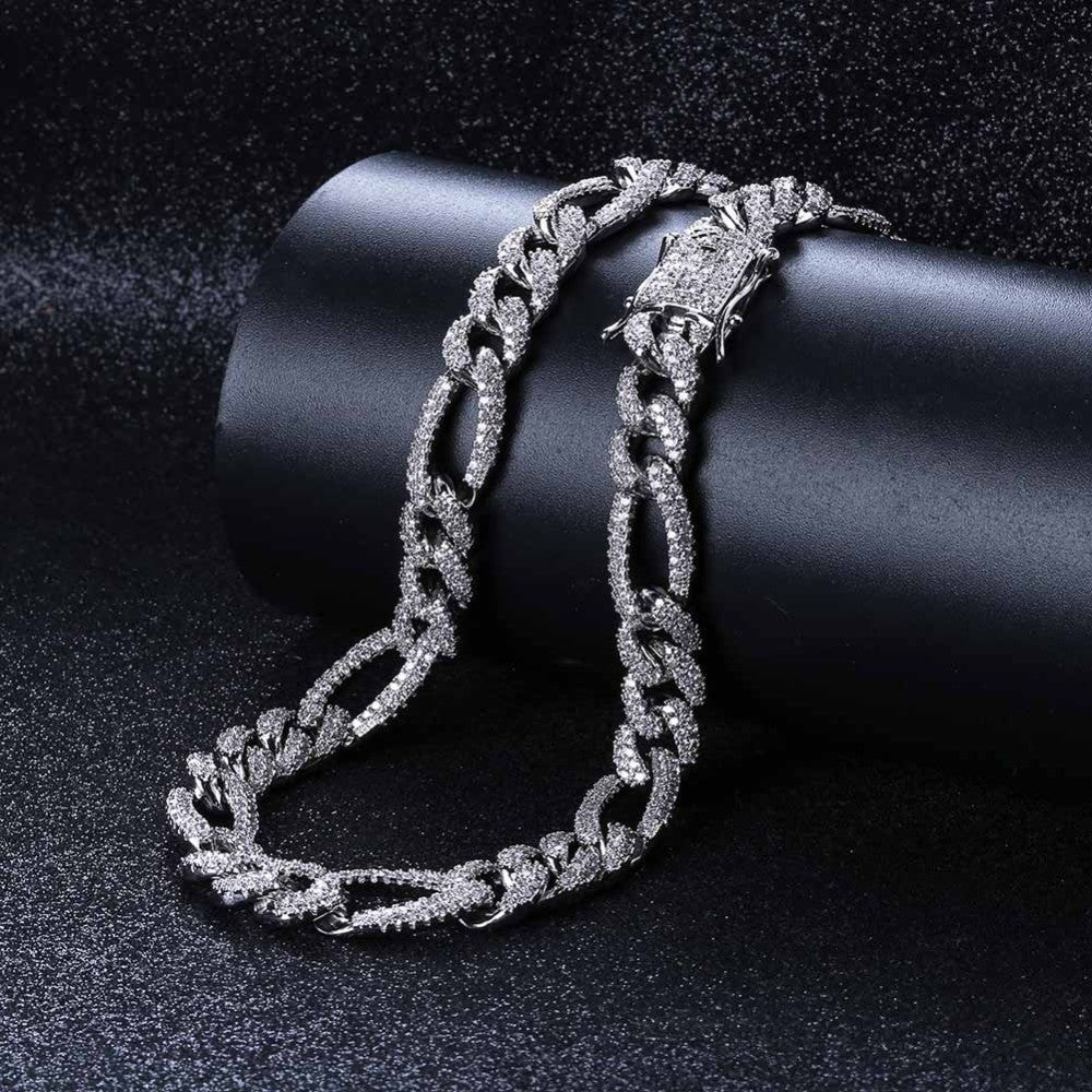 Mens 18k Hip Hop Classic 10mm Flooded Ice Luxury Figaro Link Bling Chain Necklace