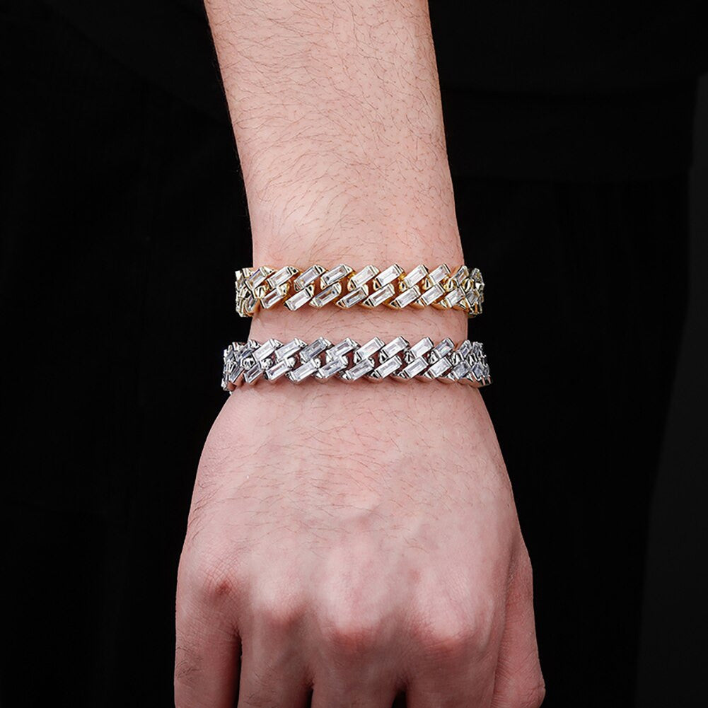Channel Set 12MM All Baguette Cuban Link Hip Hop White Yellow Gold Bling Bracelet