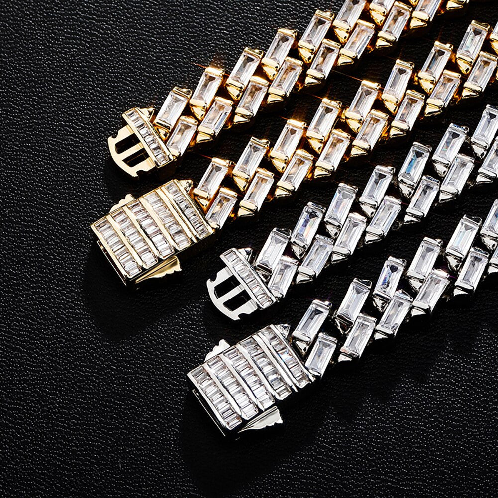 Channel Set 12MM All Baguette Cuban Link Hip Hop White Yellow Gold Bling Chain Necklace