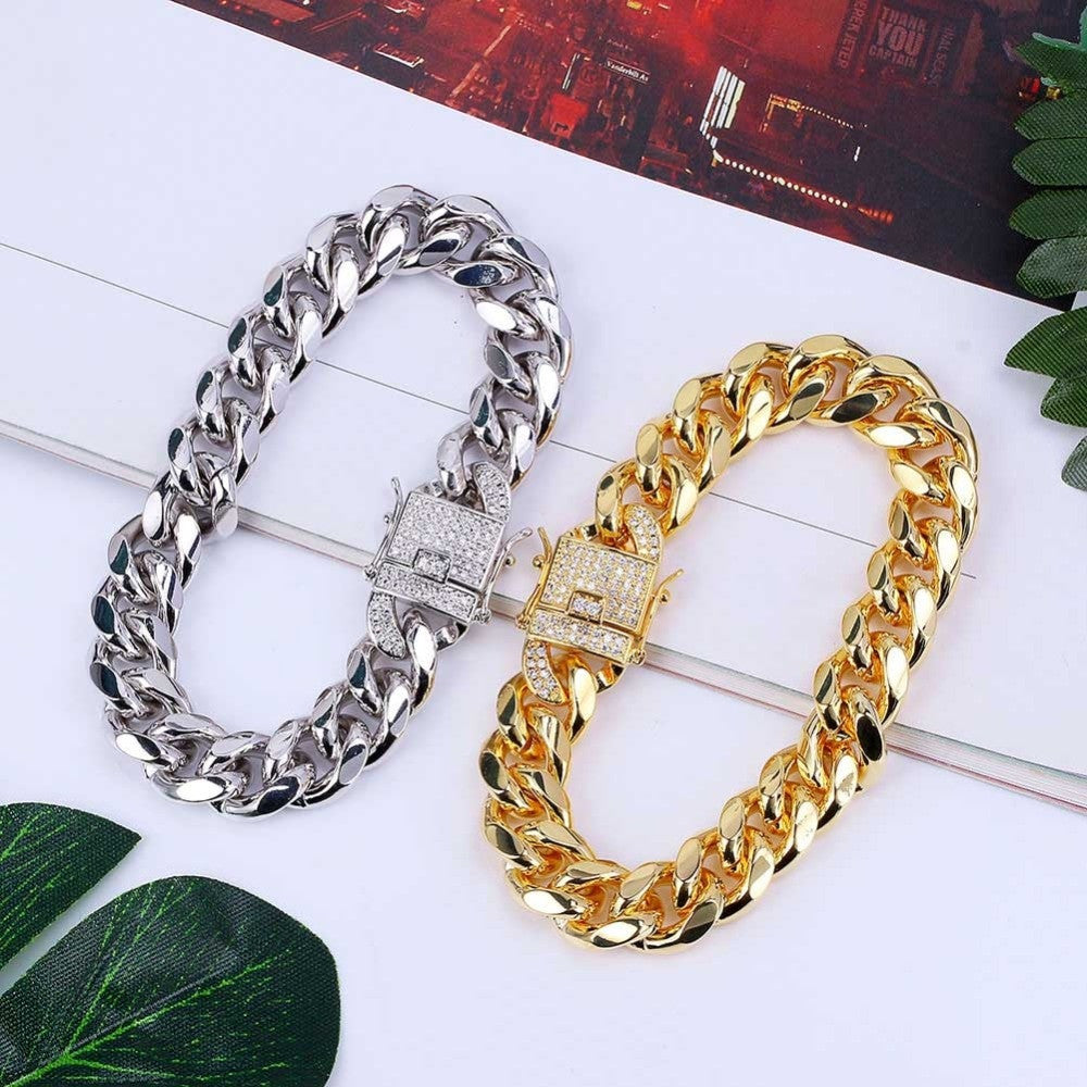 Hip Hop Casual 12mm 14k Gold over Stainless Steel Cuban Chain Bracelet With 1ct  Simulate Diamond Clasp