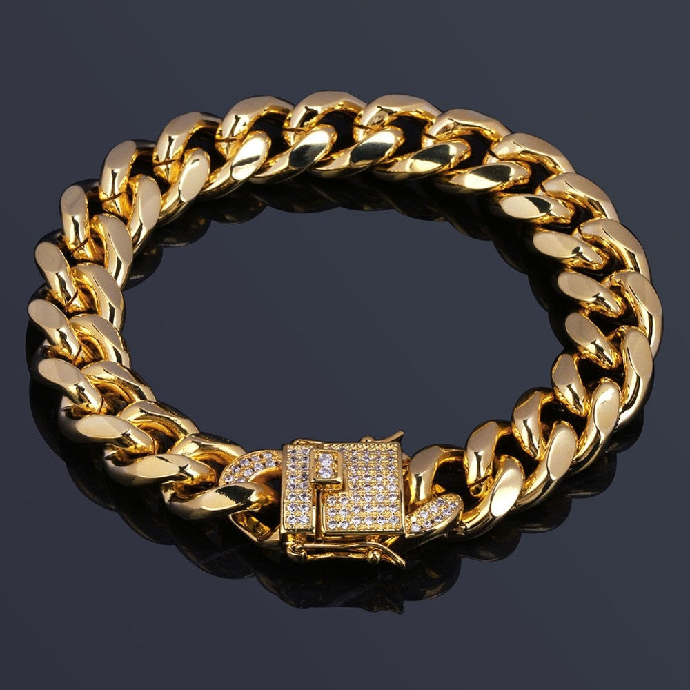Hip Hop Casual 12mm 14k Gold over Stainless Steel Cuban Chain Bracelet With 1ct  Simulate Diamond Clasp