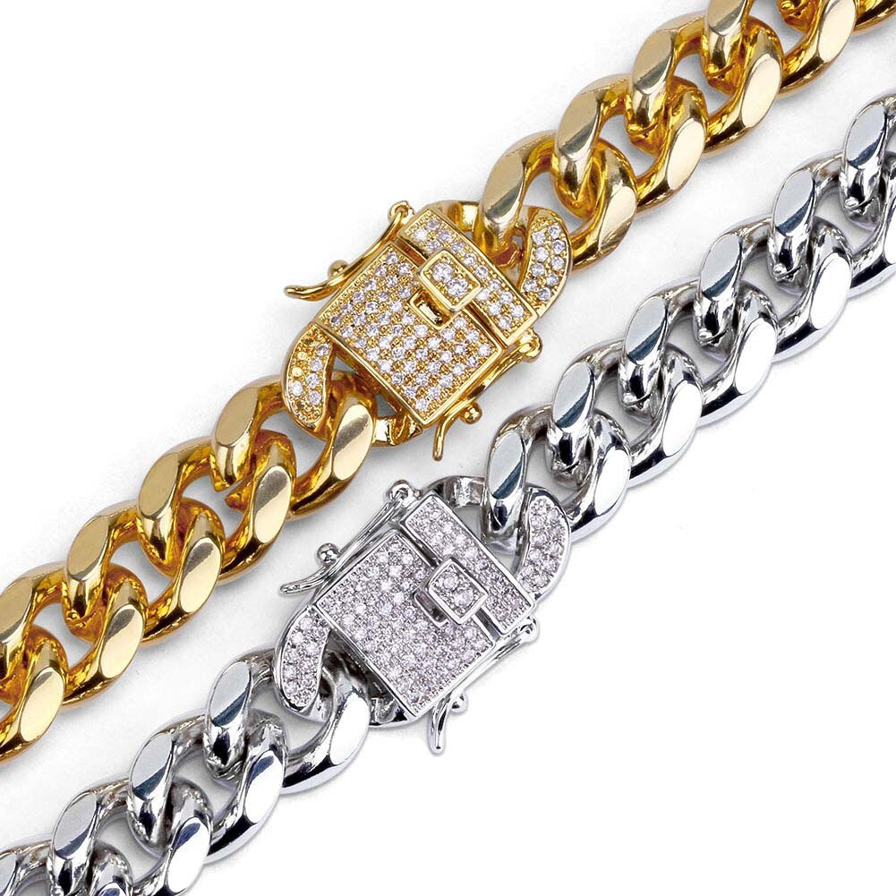 Hip Hop Casual 12mm 14k Gold over Stainless Steel Cuban Chain Bracelet With 1ct  Simulate Diamond Clasp