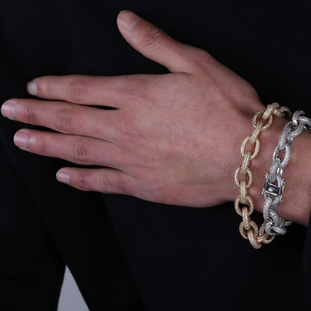 Mens 12mm Iced Large Rolo Link Hip Hop AAA+ Stone Chain Necklace