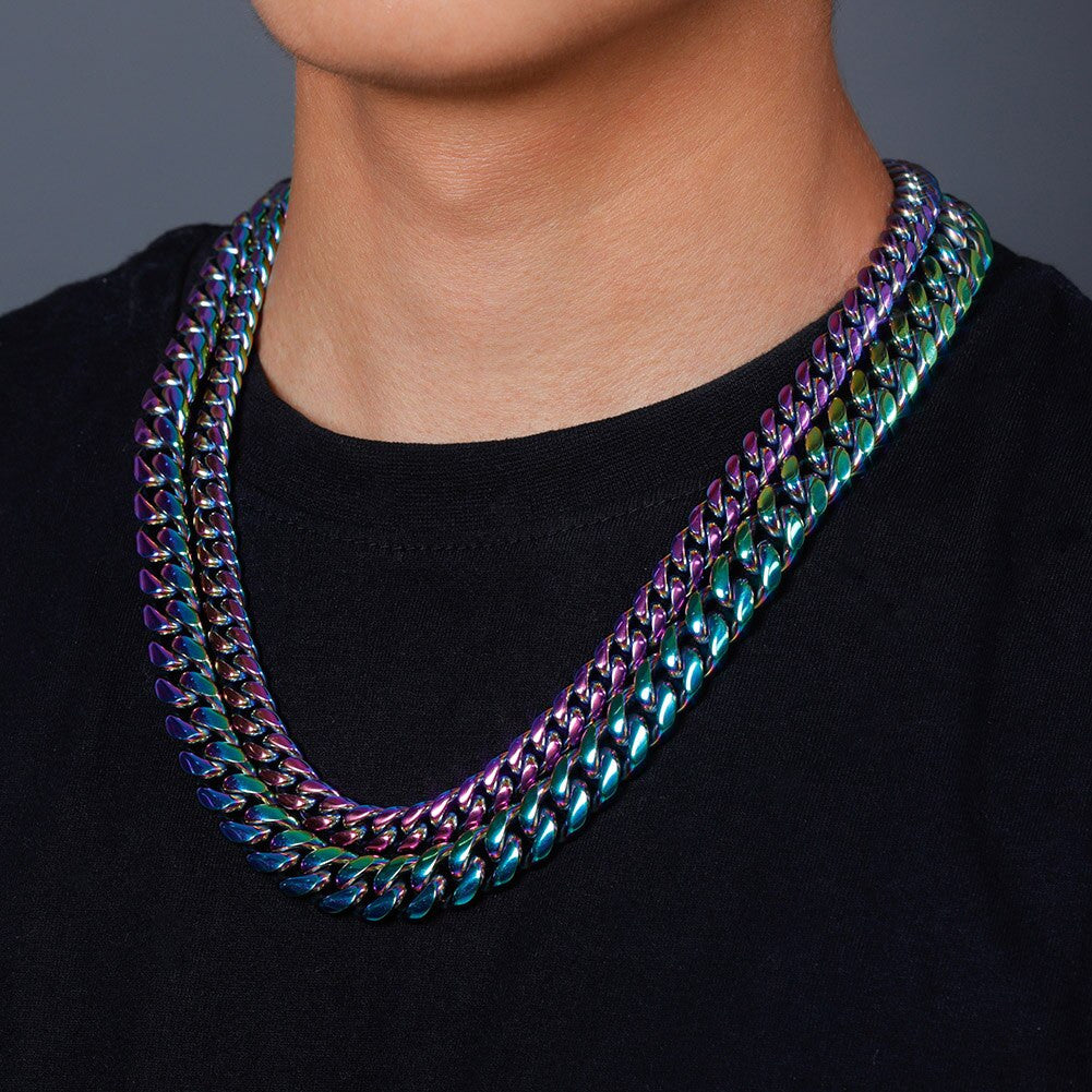 14mm Stainless Steel Fashion Rainbow Color Cuban Link Hip Hop Chain Necklace