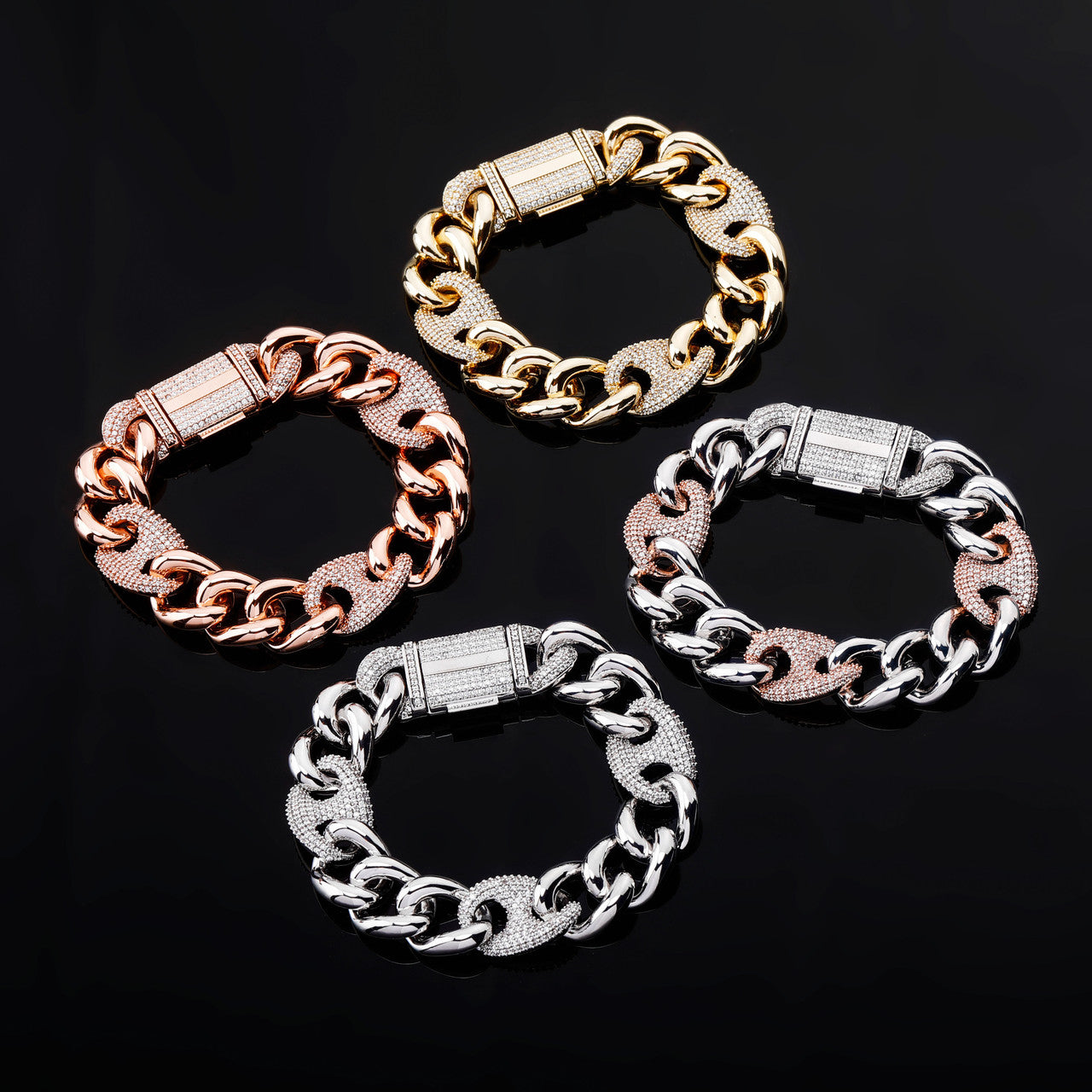 925 Silver Rose 14k Gold 16mm Box Clasp Miami Cuban Link Flooded Ice Hip hop Bracelet