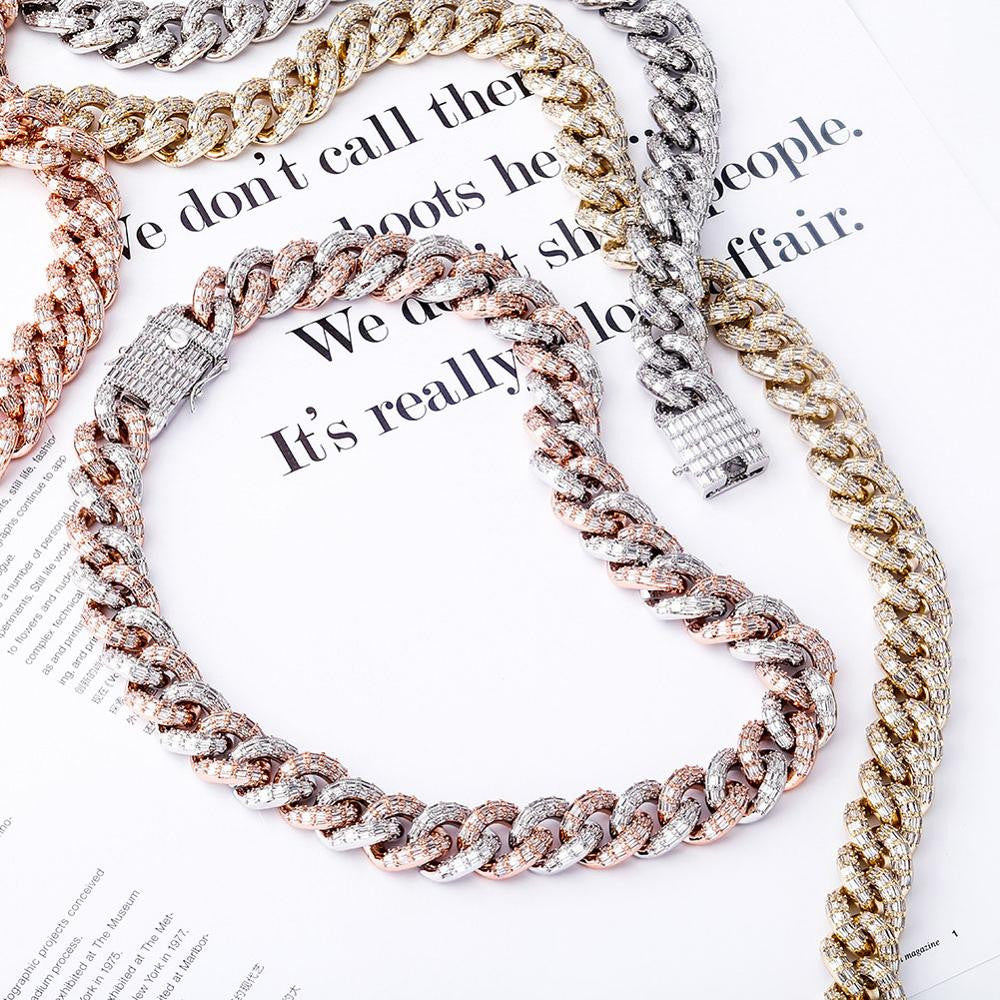 Hip Hop 16mm Miami Cuban Flooded Ice Baguette Micro Pave Set Chain Necklace
