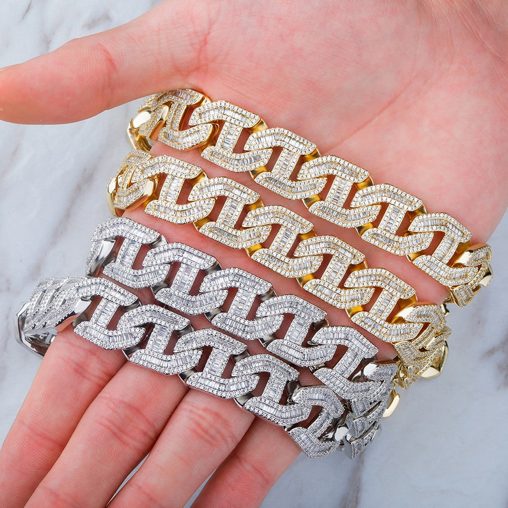 Flooded Ice 16mm 14k Gold 925 Silver Prong Baguette Curb Link Hood Honcho Chain Necklace