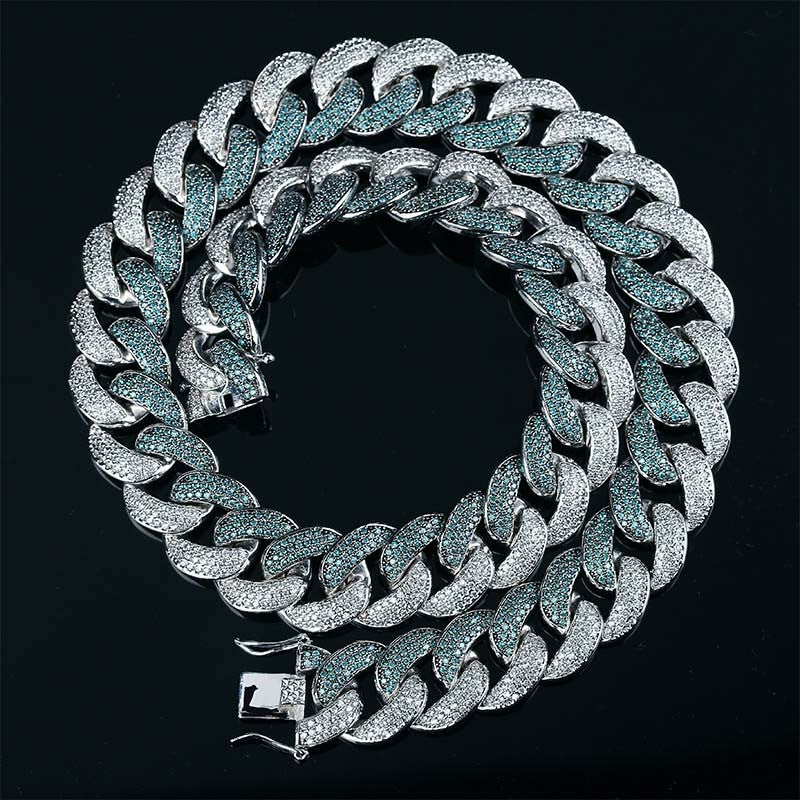 Custom 18MM Flooded Ice Mint Blue AAA Micro Pave Stone Miami Cuban Link Hip Hop Chain Bracelet Set