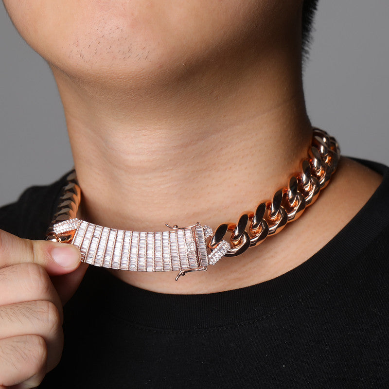 Iced 18mm Long Lock Clasp Blinged Out AAA Baguette Prong Pave Setting Cuban Link Chain Necklace