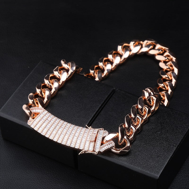 Iced 18mm Long Lock Clasp Blinged Out AAA Baguette Prong Pave Setting Cuban Link Chain Necklace