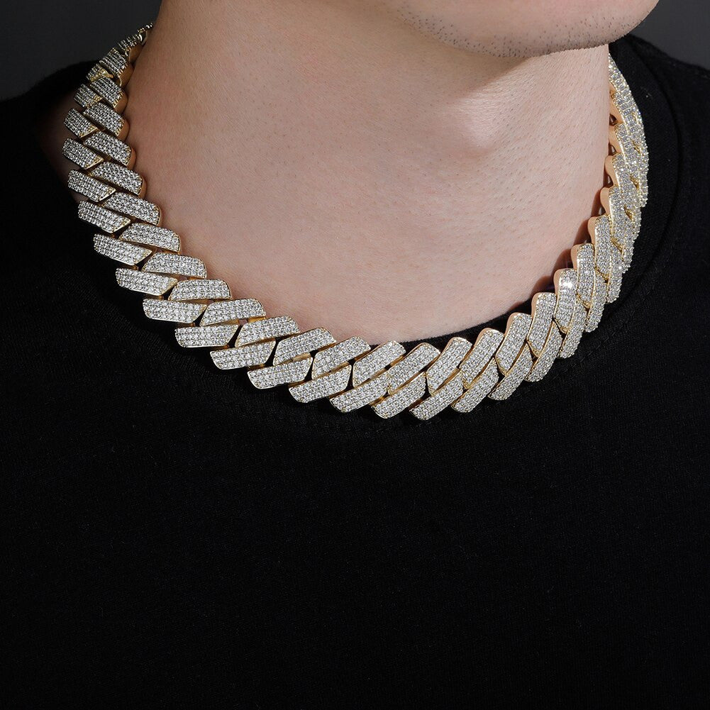 20mm 14k White Yellow Gold Flooded Ice Prong Set 3 Row Miami Cuban Link Chain Necklace