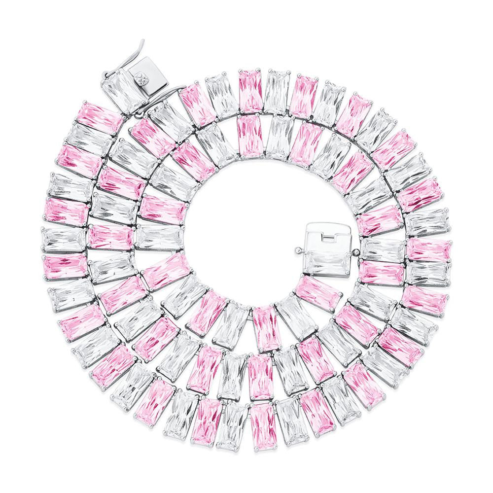 Pink Ice 10mm 14k Gold 925 Silver Baguette Chain Necklace