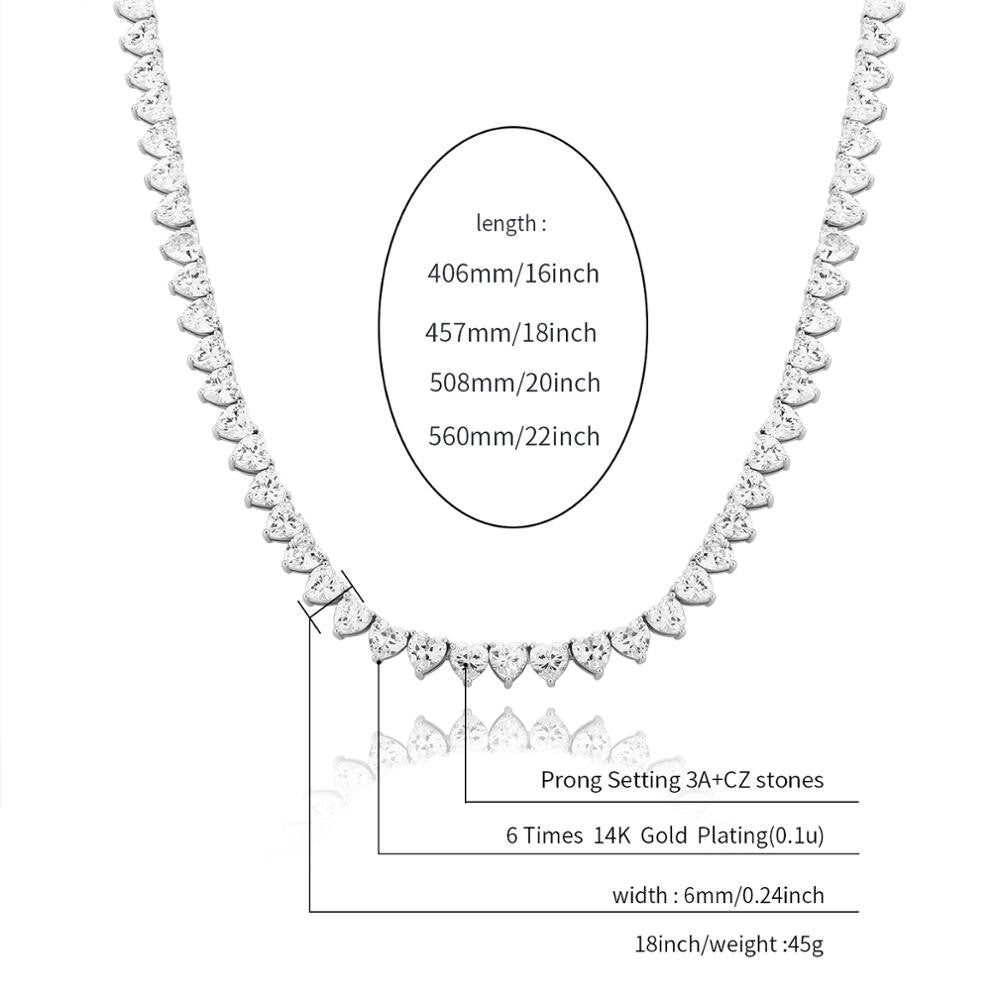 Rose Gold 14k 925 Silver Total Iced AAA Heart Shaped Prong Set Tennis Chain Necklace