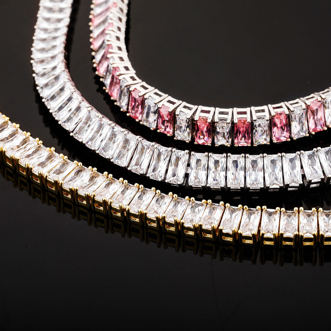 New Ice 8mm Gold Silver Pink Stone Gold Baguette Iced Link Tennis Bracelet