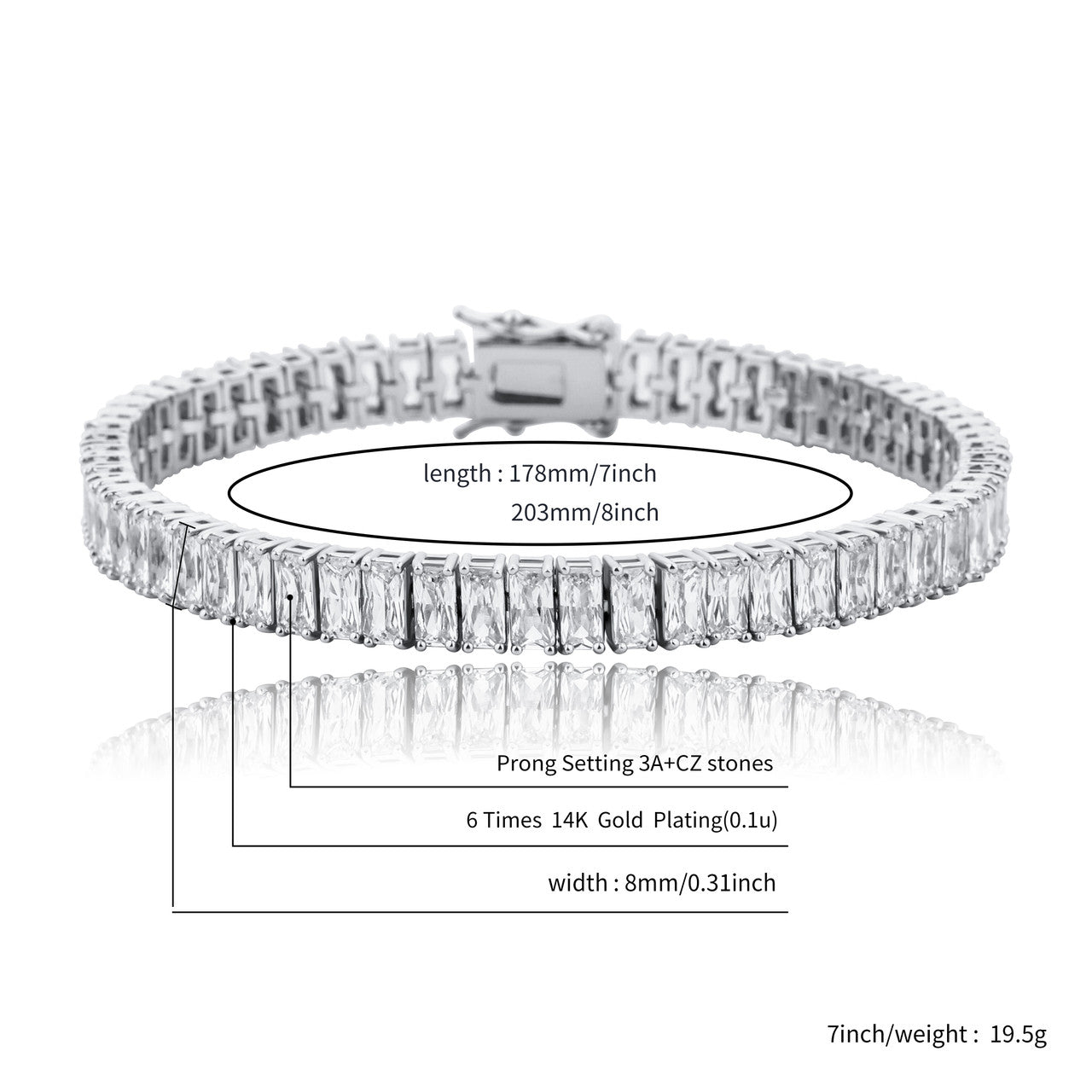 New Ice 8mm Gold Silver Pink Stone Gold Baguette Iced Link Tennis Bracelet