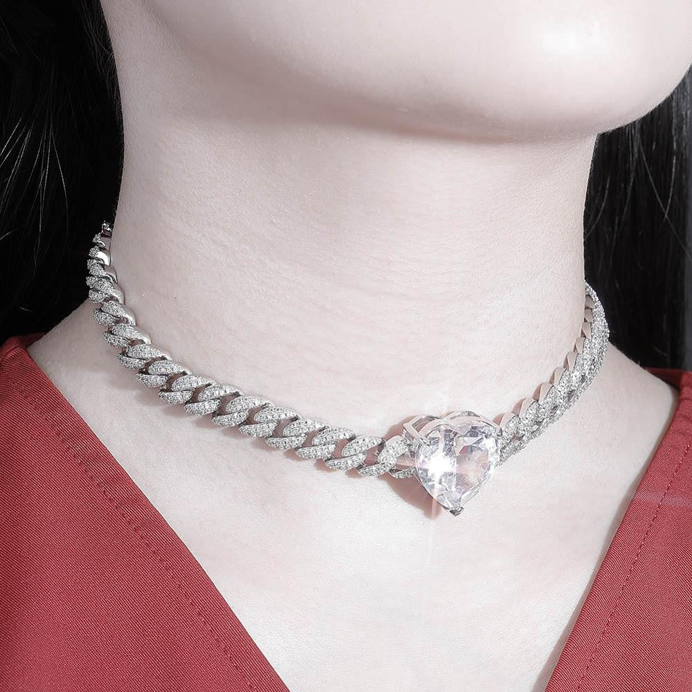 Ladies Iced Big Heart 9mm Cuban Link Choker Style Bling Chain Necklace