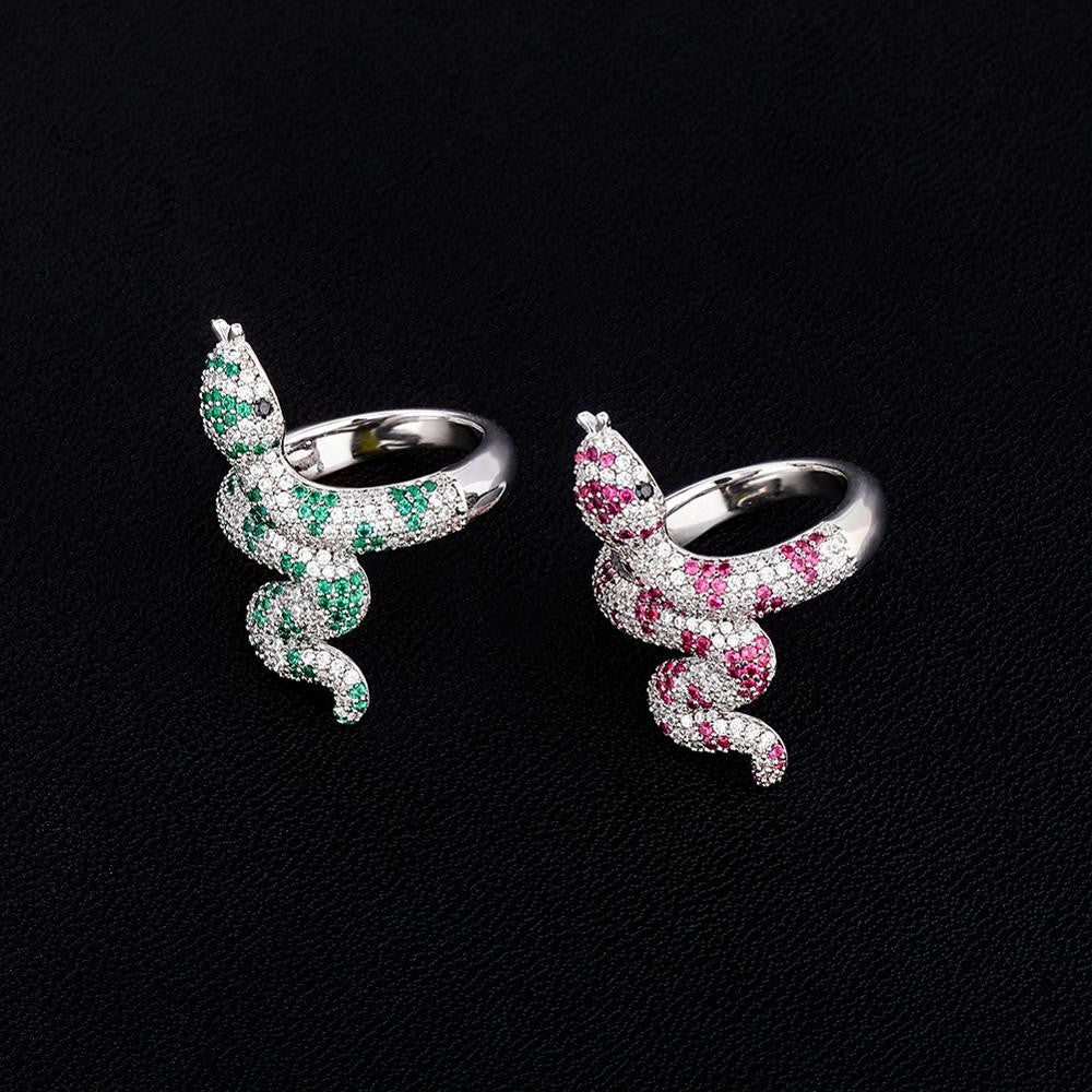 Green Pink AAA True Micro Pave Coral Snake Silver Bling Rings