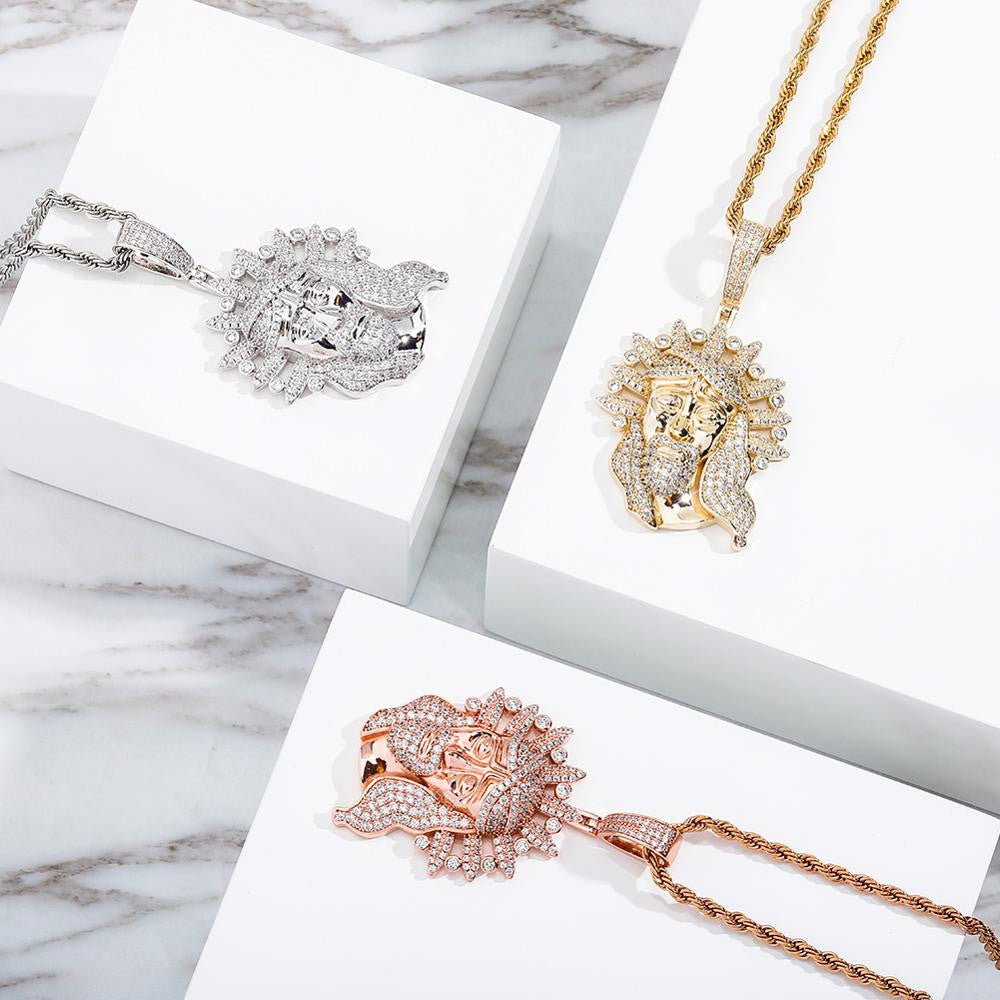 Mens Gold Silver Rose Jesus Face Flooded Ice Hip Hop Pendant