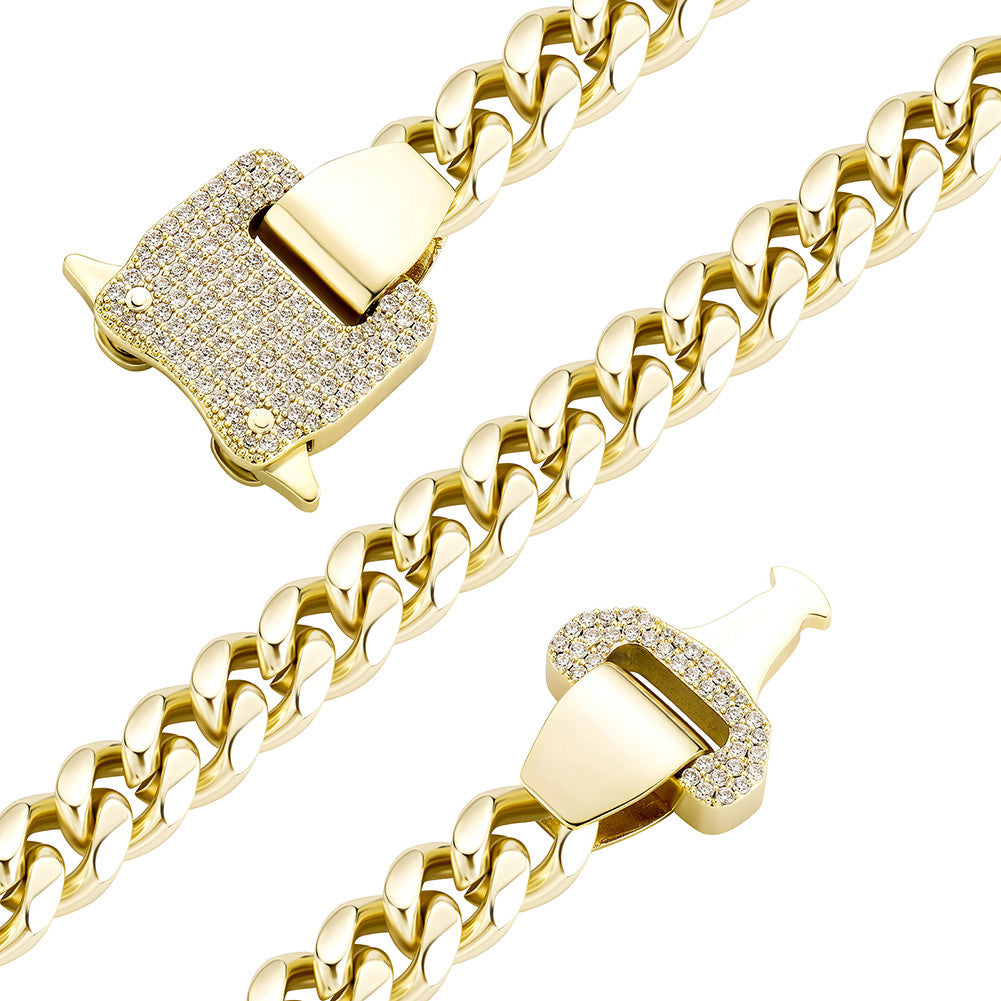 Mens 12mm Iced Spring Clasp 14k Gold Cuban Link Chains
