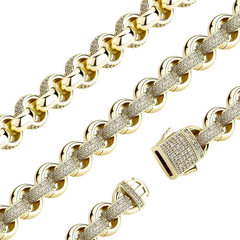 12mm 14k White Yellow Gold Spring Clasp Flooded Ice Hip Hop Rolo Chain Bracelet