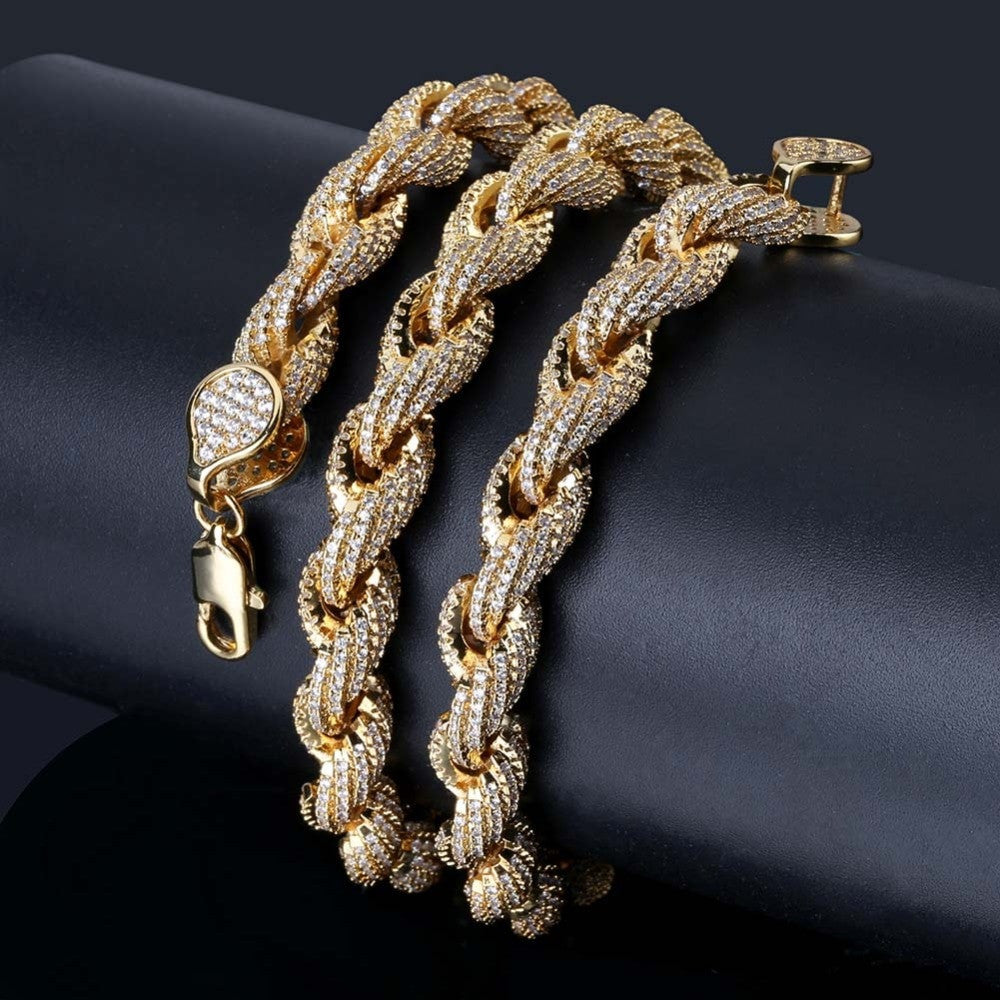 Flooded Ice AAA Micro Pave 8mm 18k Gold Silver Rope Hip Hop Chain Necklace