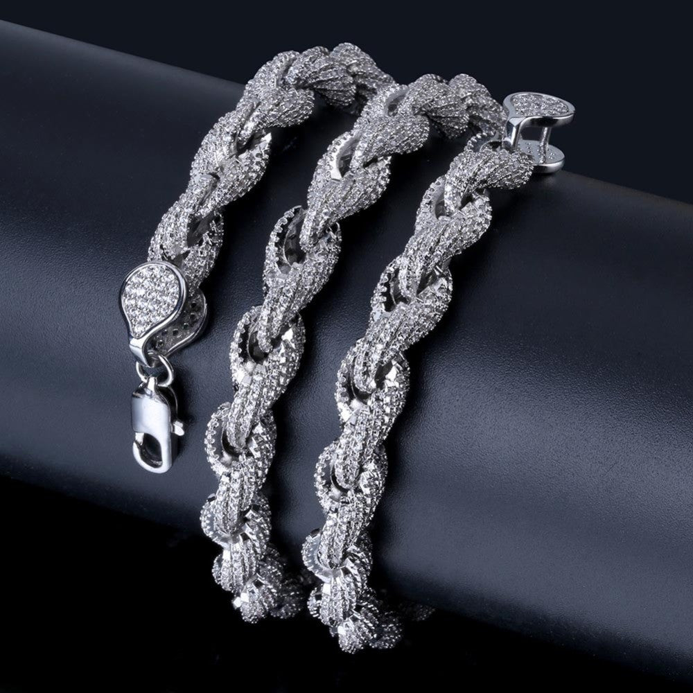Flooded Ice AAA Micro Pave 8mm 18k Gold Silver Rope Hip Hop Chain Necklace