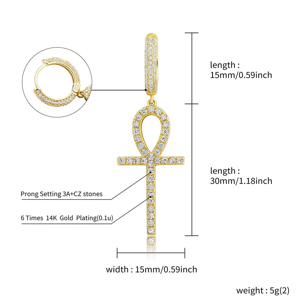 925 Sterling Silver over 14k Gold Original Ankh Cross Huggie Style Bling Earrings