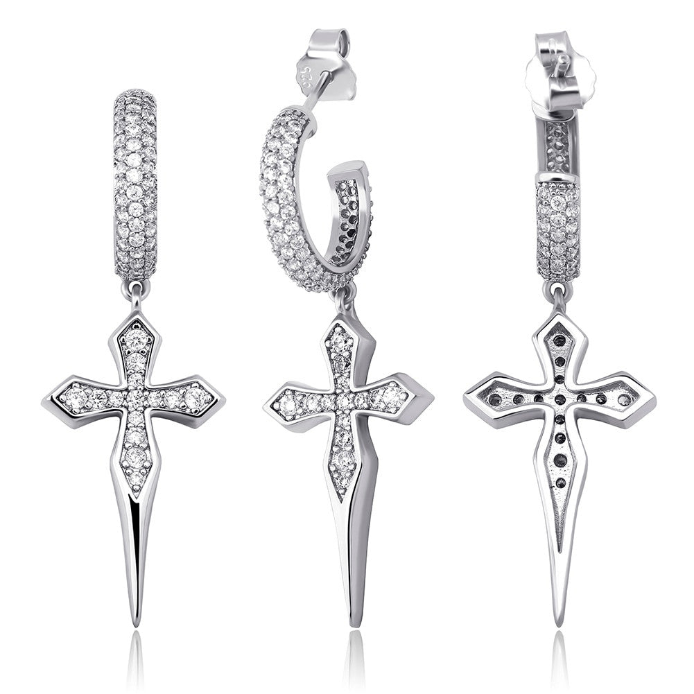 Solid 925 Sterling Silver 14k Gold Dagger Cross Huggie Hoop Hip Hop Style Bling Earrings